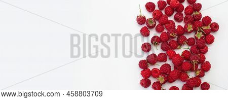 Ripe Juicy Fresh Raspberries On White Background Flat Lay Top View. Raspberry Pattern. Organic Raspb