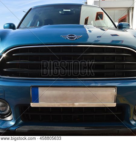 Mini Cooper Chrome Metal Logo Front View, Luxury Mini Blue Car In Istanbul City, December 24 2021 Is