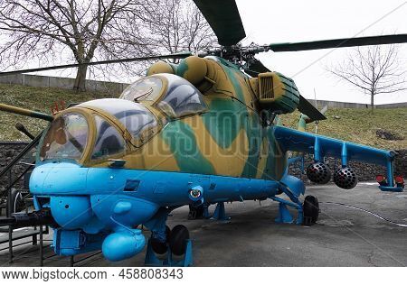 Kiev, Ukraine December 10, 2020: Military Helicopter Mi-24v In The Museum Of Military Equipment For 