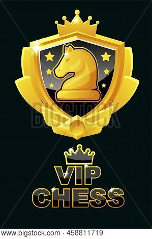 Vip Chess Logo And Icon For Chess Game. Golden Shild With Knight Chess Figure