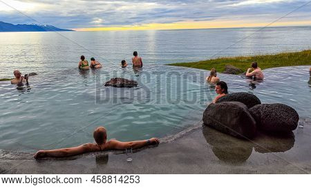 People On The Wellness Pool At Husavik On Iceland