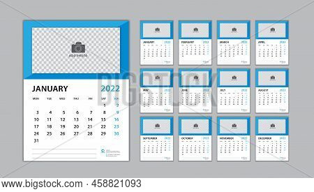 Calendar 2022 Template Set On Blue Background, Desk Calendar 2022 Design, Planner Design, Wall Calen
