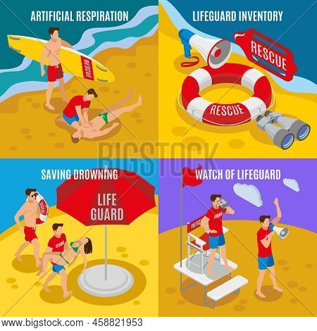Beach Lifeguards 2x2 Design Concept  Set Of Artificial Respiration Lifeguard Inventory Saving Drowni