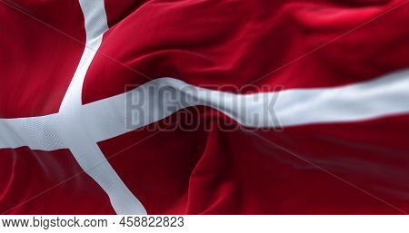 Close-up View Of The Denmark National Flag Waving In The Wind. Denmark Is A Nordic Country In Northe