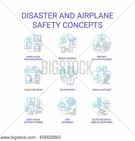 Disaster And Airplane Safety Blue Gradient Concept Icons Set. Emergency Preparedness Idea Thin Line 