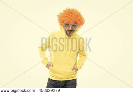 Strange Senior Man Wear Funky Orange Wig Hair With Party Sunglasses In Casual Fashion Style, Bizzare