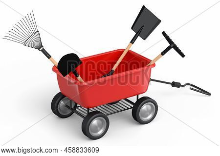 Garden Wheelbarrow With Garden Tools Like Shovel, Rake And Fork On White Background. Handcart Or Car