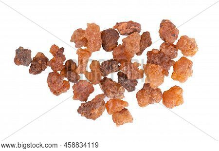 Myrrh Resin Isolated On White Background. Pile Of Natural Commiphora Myrrha. Sweet Myrrh Opoponax. I