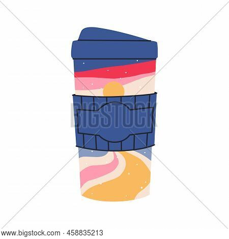 A Cup Of Coffee To Go With A Winter Landscape Inside. Cup Sleeve With Place For Text. Vector Illustr