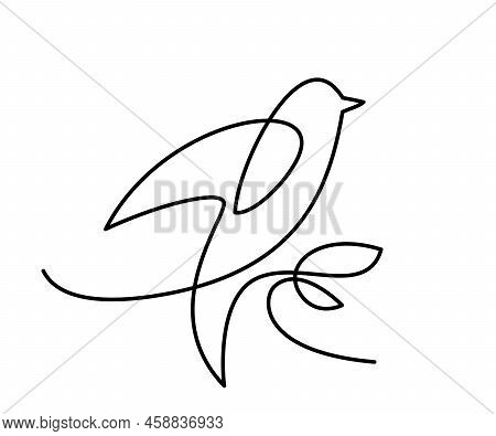 Bird Sitting On Branch Leaves Logo. Continuous One Line Drawing