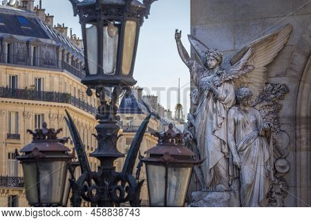 Parisian Architecture, Algel And Street Light Near Opera, France