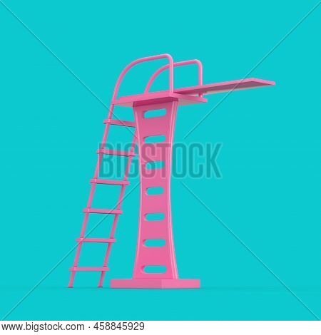 Pink Swimming Pool Jump Board In Duotone Style On A Blue Background. 3d Rendering