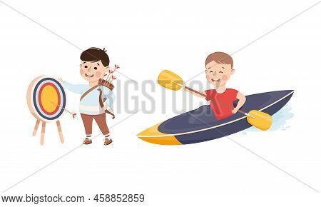 Cute Little Boy Kayaking With Oar On Boat And Doing Archery Practicing Sport And Physical Activity V