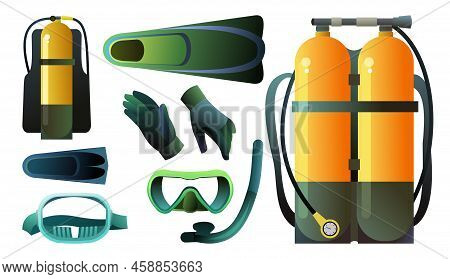 Diving Kit With Oxygen Tank In Mask And Fins. Set Of Equipment For Swimming And Diving. Object Isola