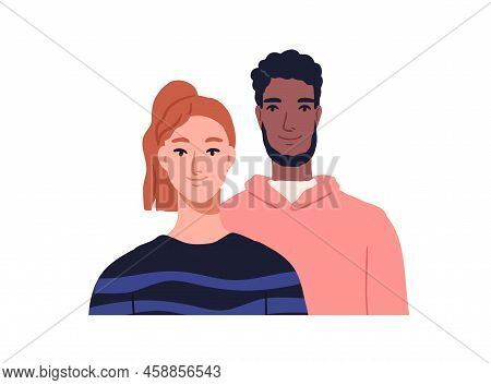 Couple Portrait. Biracial Man And Woman Faces. Happy Smiling Friends, Young Male And Female Characte