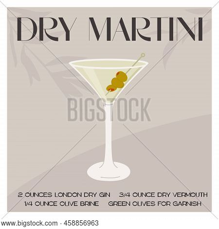 Dry Martini Cocktail In Glass With Ice And Stuffed Olives On Skewer. Summer Aperitif Recipe Retro El