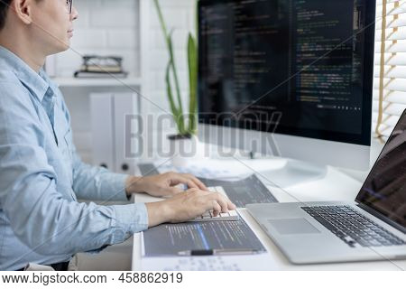 Professional development programmers are sit on a desk with work equipment such as: computer-laptop-