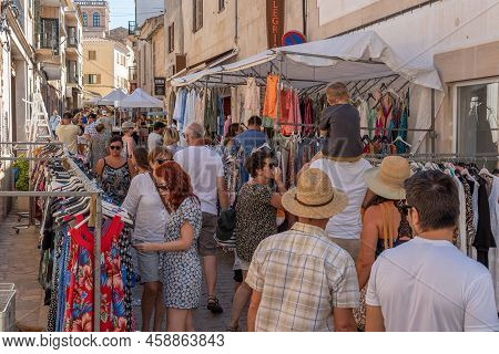 Santanyi, Spain; July 09 2022: Weekly Street Market In The Majorcan Town Of Santanyi, Spain. Stalls 