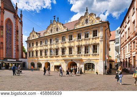 Würzburg, Germany - June 2022: Public Library Building Called 'haus Zum Falken' With Stucco Decorati
