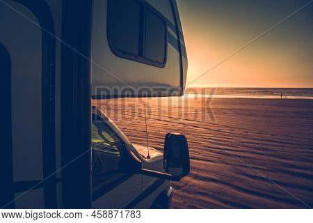 Rv Class C Motorhome Beach Camping. Scenic California Coast. United States Of America. Beach Boondoc