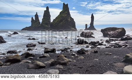 Sea Stacks Of Reynisfjara Beach Near Vik In Iceland
