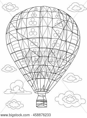 Coloring Book Page With Hotair Balloon Drawing Flying Over The Clouds Reaching New Destinations. She