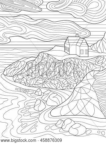 Coloring Page With Detailed House On Hill, Clouds, Rocks And Ocean. Sheet To Be Colored With Home On