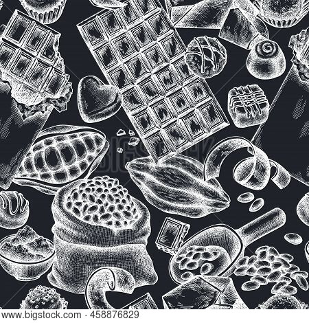 Seamless Pattern With Hand Drawn Chalk Cocoa Beans, Cocoa, Chocolate, Chocolate Candies Stock Illust