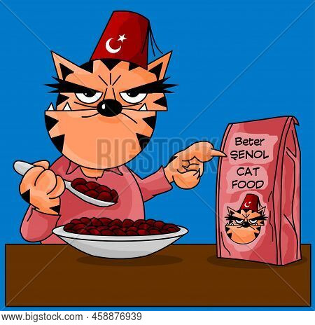 Thats Cat Cartoon And Feeding.
Illustration Of Isolated On Blue Background