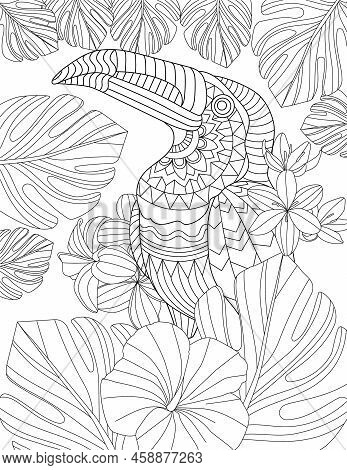Coloring Book Page With Standing On Tree Parrot With Different Flowers In Background. Sheet To Be Co