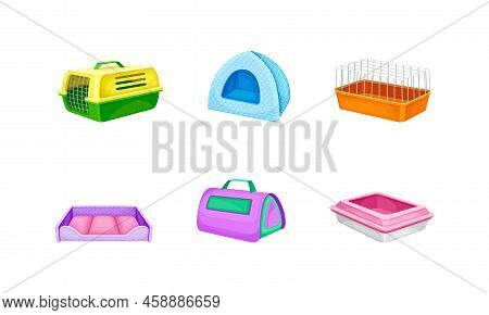 Pet Care Accessories Set. Portable Cage For Carrying, Plastic Toilet, Cage, Pet Shop Supplies Cartoo