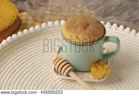 Vanilla Mugcake With Honey. Cupcake In A Mug, Microwaved. Dessert For Breakfast