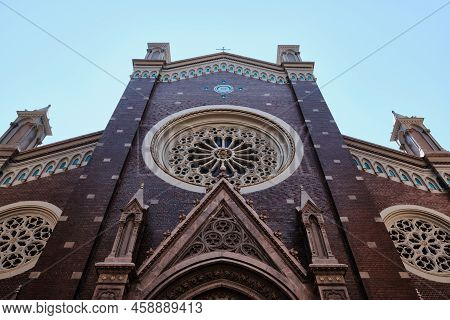 Facade Of Church Of St.anthony Of Padua, Largest Roman Catholic Church In Istanbul, Turkey. Low Angl