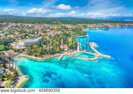 Aerial View With Malinska Town And Beach, Krk Island, Croatia