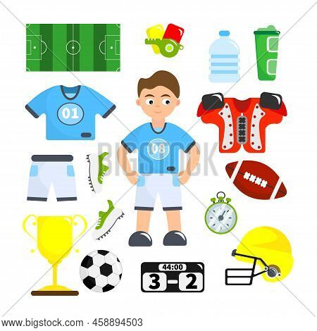 Set Of Equipment For A Football Player In Cartoon Style. Vector Illustration Of Soccer Player, Footb