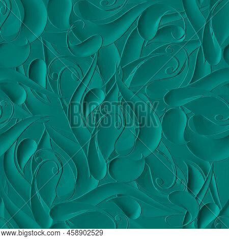 3d Textured Emboss Paisley Seamless Pattern. Embossed Floral Ethnic Blue Background. Surface Repeat 