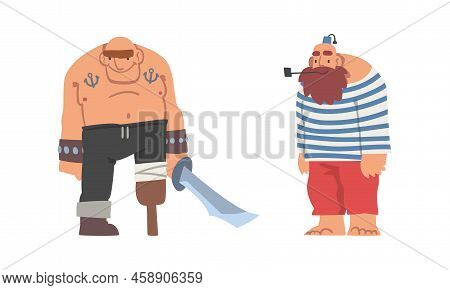 Brutal Man Pirate Or Buccaneer Character With Saber And In Striped Vest As Marine Robber Vector Set