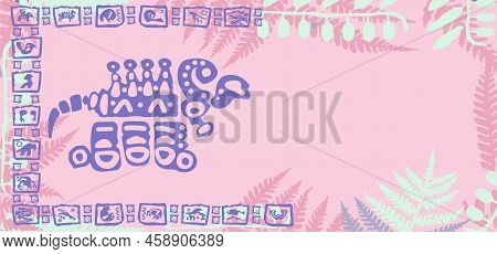 Frame With Symbols And Signs Of The Ancient Mayan, Aztec And Toltec Civilizations On A Pink Backgrou