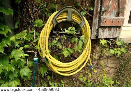 Yellow And Green Hosepipes On A Reel And Connected To A Tap Fixed To A French Farmhouse Wall Next To