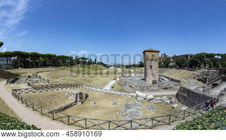 Rome, Italy - August 1, 2021: View To Circus Maximus, An Antique Stadium For Horse Races And Other P