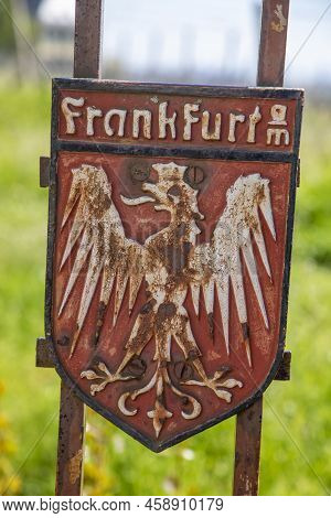 Hochheim, Germany - April 25, 2021: Sign With Eagle For The Town Of Frankfurt At A Vineyard In Hochh