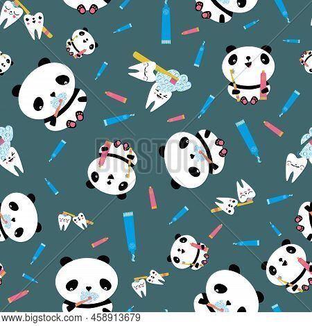 Kawaii Panda Kids Dental Health Care Vector Educational Seamless Pattern Background. Cute Cartoon Be