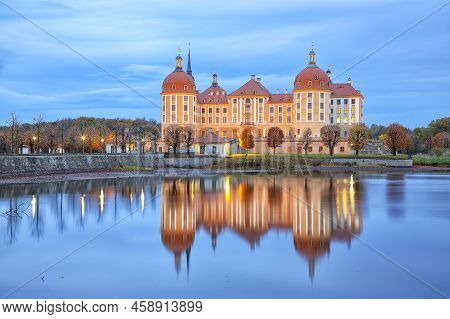 Majestic View Of Moritzburg Castle Near Dresden. Popular Tourist Destination. Location: Moritzburg, 