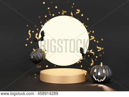 Golden Podium With Halloween Decoration On Black Background. Halloween Composition. Scene For Produc