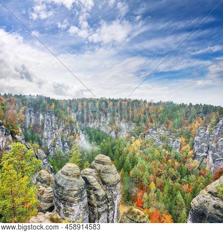Picturesque Autumn Landscape In Saxon Switzerland National Park.  Location: Lohmen, State Of Saxony,