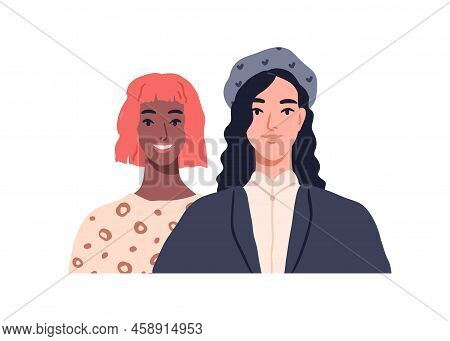 Girls Couple Portrait. Happy Female Friends Of Different Race. Modern Fashion Biracial Girlfriends T