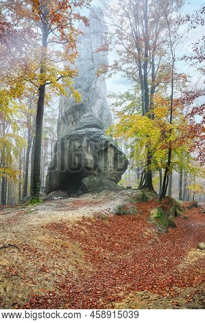 Forest And Ancient Rocks Of Dovbush In Bubnishch In The Carpathian Mountains. Foggy Wheather.  Locat