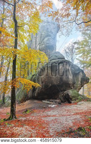 Forest And Ancient Rocks Of Dovbush In Bubnishch In The Carpathian Mountains. Foggy Wheather.  Locat