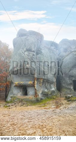 Forest And Ancient Rocks Of Dovbush In Bubnishche In The Carpathian Mountains. Foggy Wheather.  Loca
