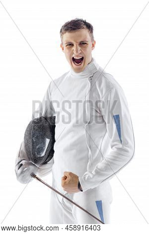 Portrait Of Professional Male Fencer In Fencing Costume And Mask Holding Smallsword Isolated On Whit